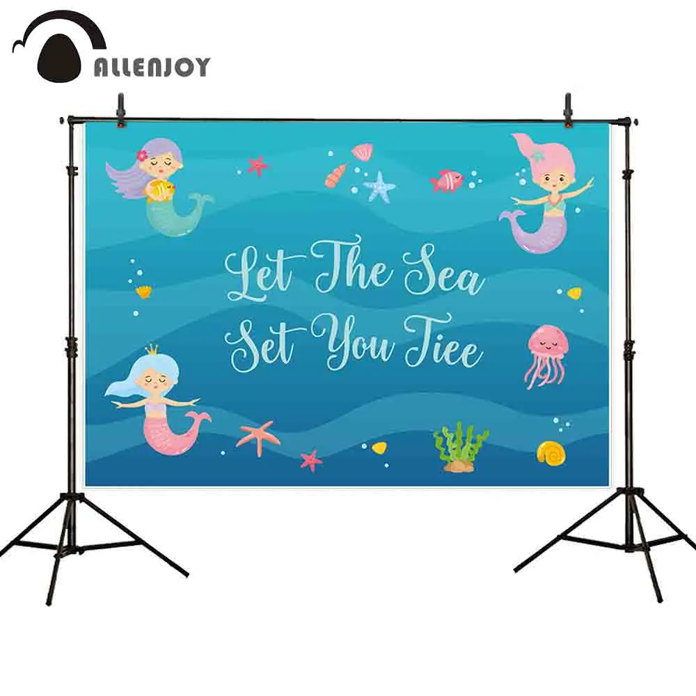 Allenjoy photocall backdrop Mermaid blue ocean shell fish Seaweed jellyfish starfish girl children summer party photo background