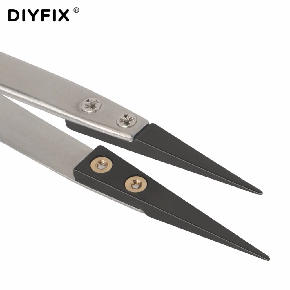 DIYFIX Stainless Steel Ceramic Tweezers Anti Static Heat Resistant Insulated Ceramic Pointed Tip Electronic Pliers