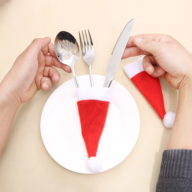 Mini Christmas Hats, Non-woven Caps, Knife and Fork Sets, Christmas Bottle, Dinner Decoration, 6 PCs/Lot