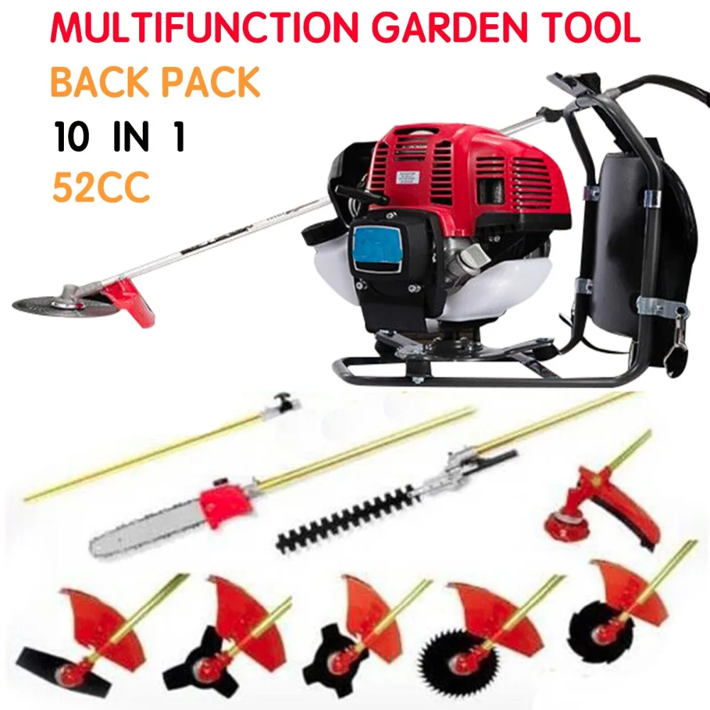 

52cc 10 in 1Multi Lawn mower Backpack Long Reach Pole Chainsaw, Petrol Chain Saw Brush Cutter Pruner tree