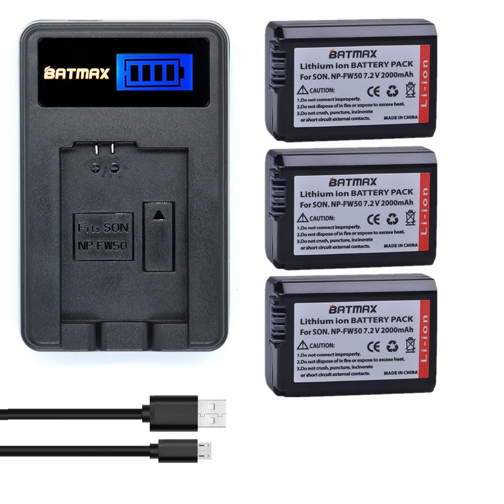 Batmax 3Pcs NP-FW50 NPFW50 Battery AKKU + LCD USB Charger for Sony NEX-5 NEX-7 SLT-A55 A33 A55 A3000 A5000 A51000 A6000 camera