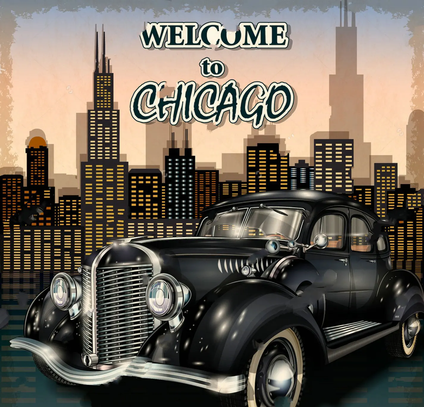 

poster Chicago Retro Vintage Old Car City Skyline backdrops High quality Computer print wall background