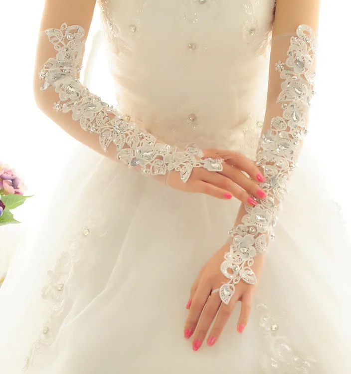 JaneVini di Lusso Avorio Lunghi Guanti Da Sposa Appliques In Rilievo di Tulle Guanti Senza Dita per le Signore Guanti Da Sposa Accessori Da Sposa