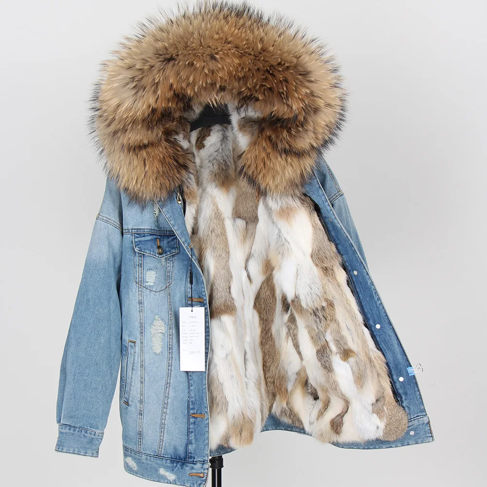 Maomaokong Denim Jas Parka Winter Vrouwen Parka Real Bontkraag Jas Natuurlijke Wasbeer Bont Kap Real Konijnenbont Voering Luxe