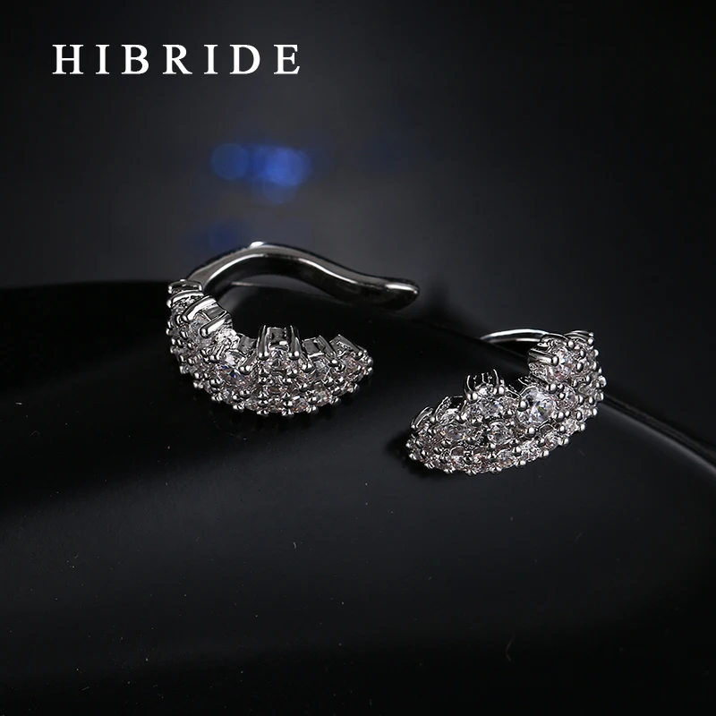 HIBRIDE Fashion Jewelry Hoop Earrings Micro Insert CZ Stone White Gold Color Party Earrings For Women E-90