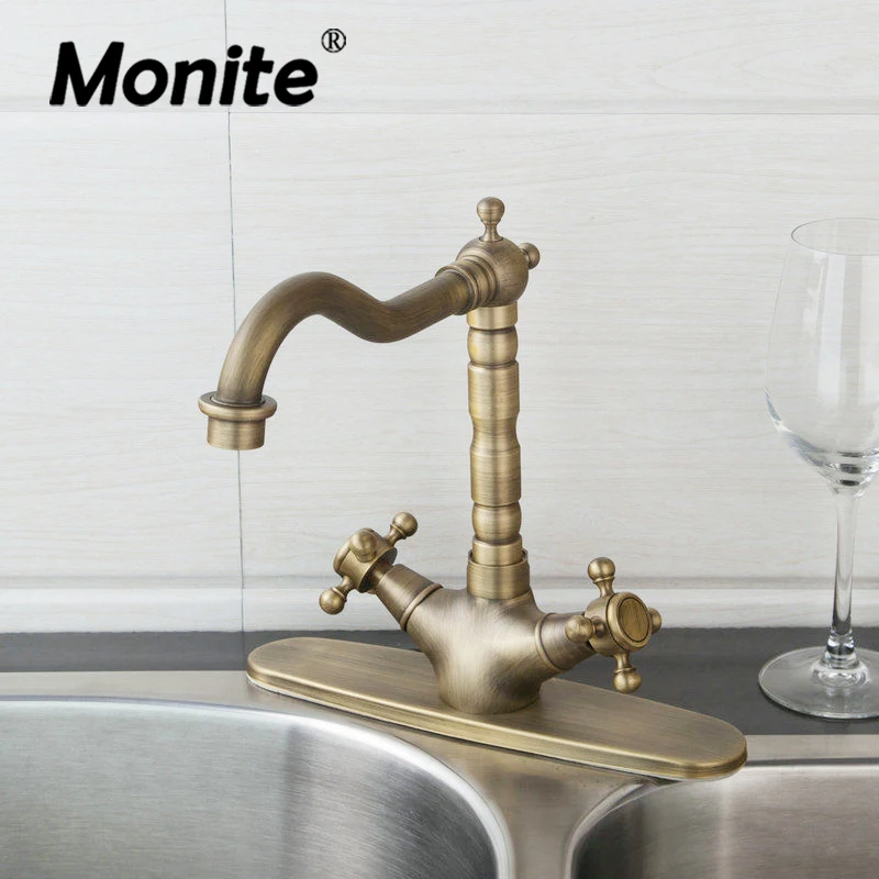 

Monite Swivel Antique Brass Double Handles Cover Plate Hose Basin Sink Kitchen Torneiras Cozinha Bathroom FaucetMixer Tap