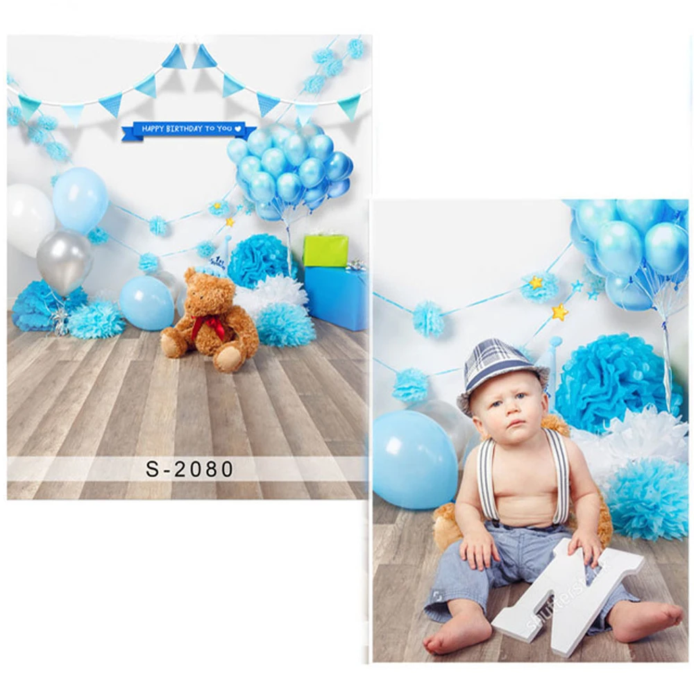 

Happy Birthday Backdrop Wood Floor Printed Silver White Blue Balloons Flags Paper Flowers Boy Kids Party Photo Booth Background