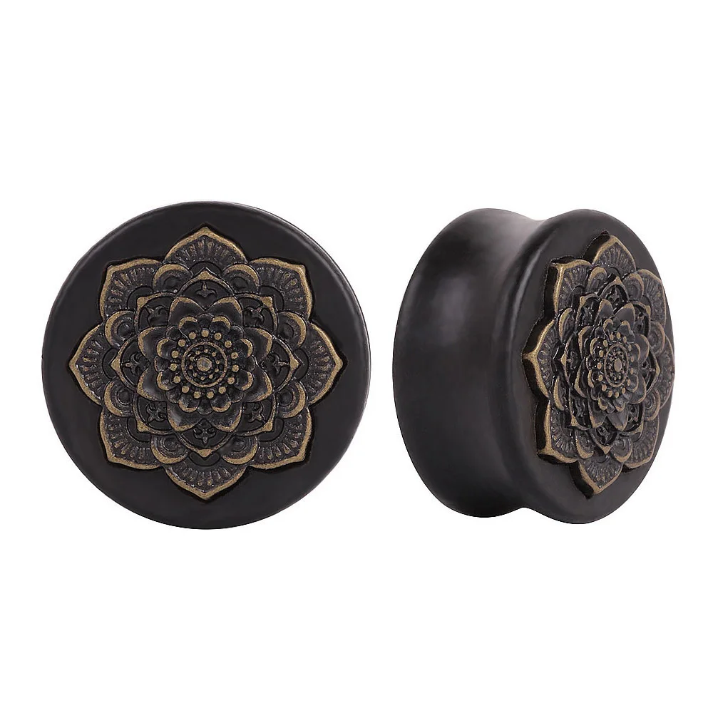 New Style 2PCS Black Natural Wood Mandala Flower Ear Plugs Tunnels Ear Expanders Earring Gauges Piercing Plug Ears Body Jewelry