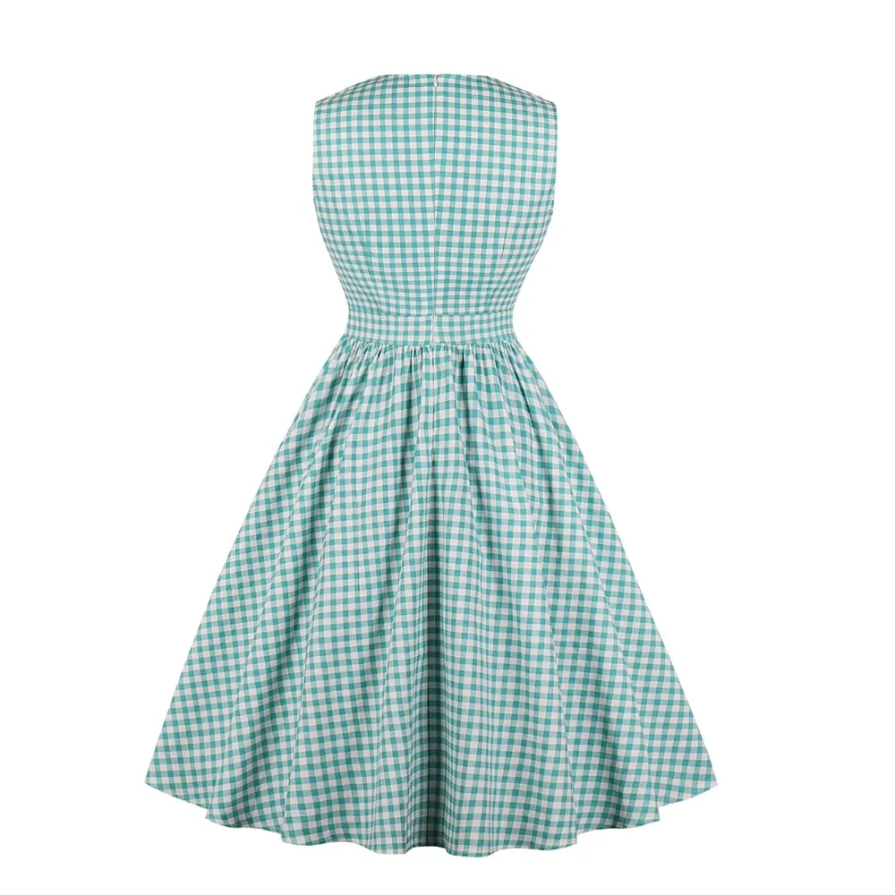 Green Plaid Vintage Dress Women Check Print Bow Pockets Pin Up Vestidos Summer A-Line Cotton Party Dresses Womens Clothing 4XL