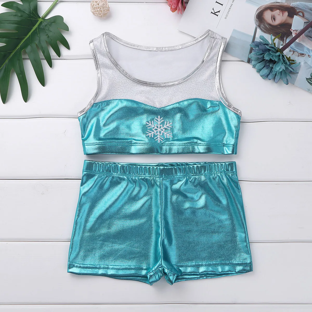 2Pcs Kid Gymnastics Body Suit Snowflake Embroidery Tank Top with Shorts Girls Dance Costume Athletic Set Ballet Practice Clothes