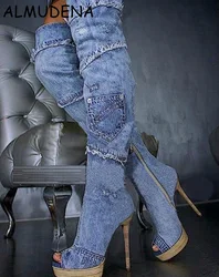 Women New Style Wood Sole Lace And Jeans Joint Long Boots Peep Toe Wedge Heel Thin Heel Casual Fashion