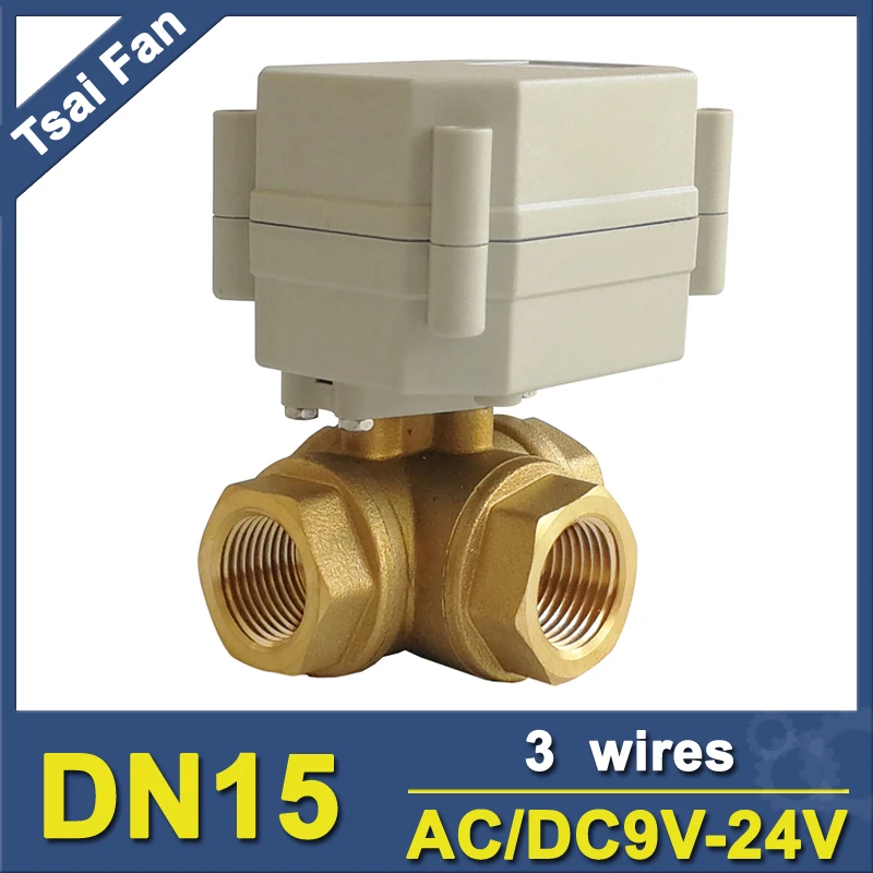 TF15-BH3-A 1/2'' 3 T Type Way Brass Actuator Operated Valve  AC/DC9-24V No Manual override, No position indicator