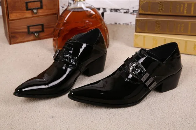 Sapato social masculino buckle patent leather shoes men genuine leather pointed toe high heels lace-up dress wedding formal shoe