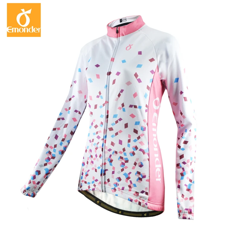 EMONDER Long Sleeve Cycling Jersey Fleece Keep Warm Bike Autumn Winter Cycling Clothes Ladies Diamond Shard Print