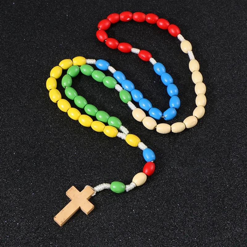 KOMi Handmade Jesus Wooden Weave Colored Rosary Cross Pendant Necklace Beads Orthodox Catholic Religious Praying Jewelry R-190