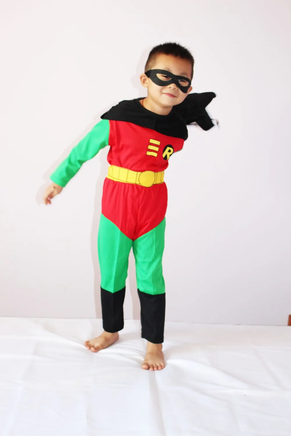 Modelo de fantasia de Halloween, Wonder robin do menino de RPG, 1 conjuntos, casaco, calças, xale, máscara de olho