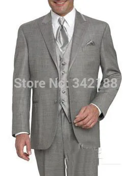 

New Style Light Grey Two Buttons Groom Tuxedos Best Man Peak Lapel Groomsmen Men Wedding Suits Bridegroom (Jacket+Pants+Tie+Vest