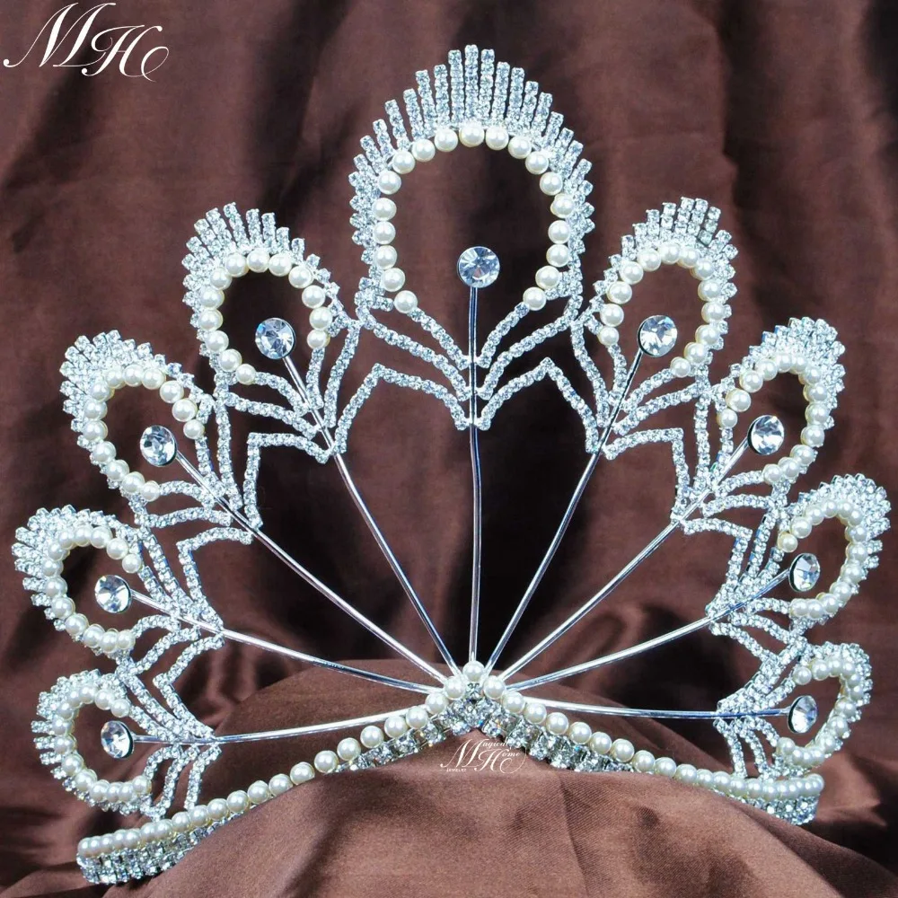 Luxury Miss Crown and Tiaras For Women Round Wedding Pearl Crown Rhinestone Pageant Prom Tiara De Novia Bridal Hair Accessories