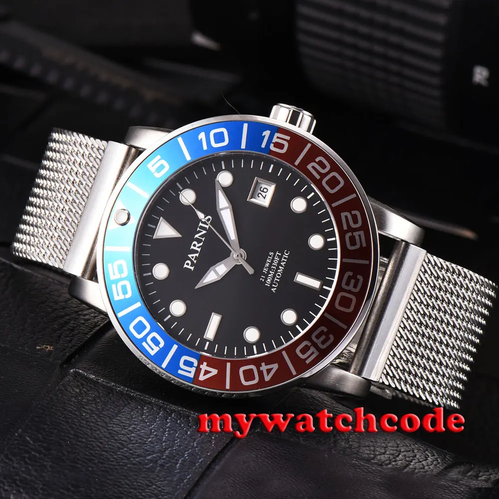 42mm parnis black dial blue & red bezel date miyota automatic mens watch P429B