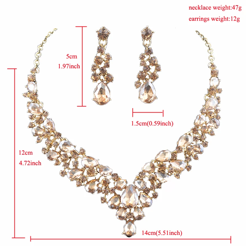 Crystal Pink Bridal Jewelry Sets Teardrop Shape Wedding Necklace Earrings African Fashion Party Jewelry Sets Accessories 8 color