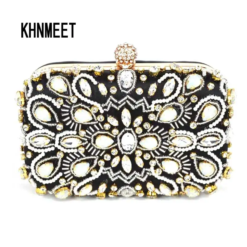 

Newest Sparkle Designer Crystal Evening Bag Black Luxury Satin Clutch Purse With Chain Female Wedding Bridal Beaded Purse Z90