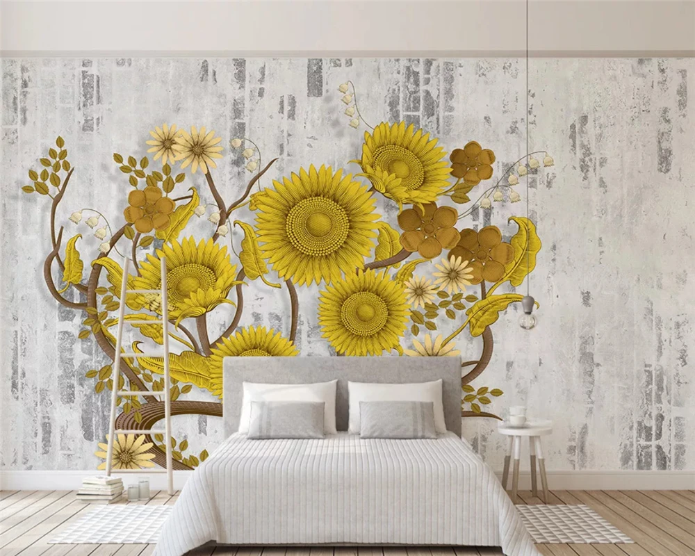 Papel de pared beibehang personalizado con personalidad moderna, papel tapiz vintage de girasol pintado a mano, pintura decorativa de fondo