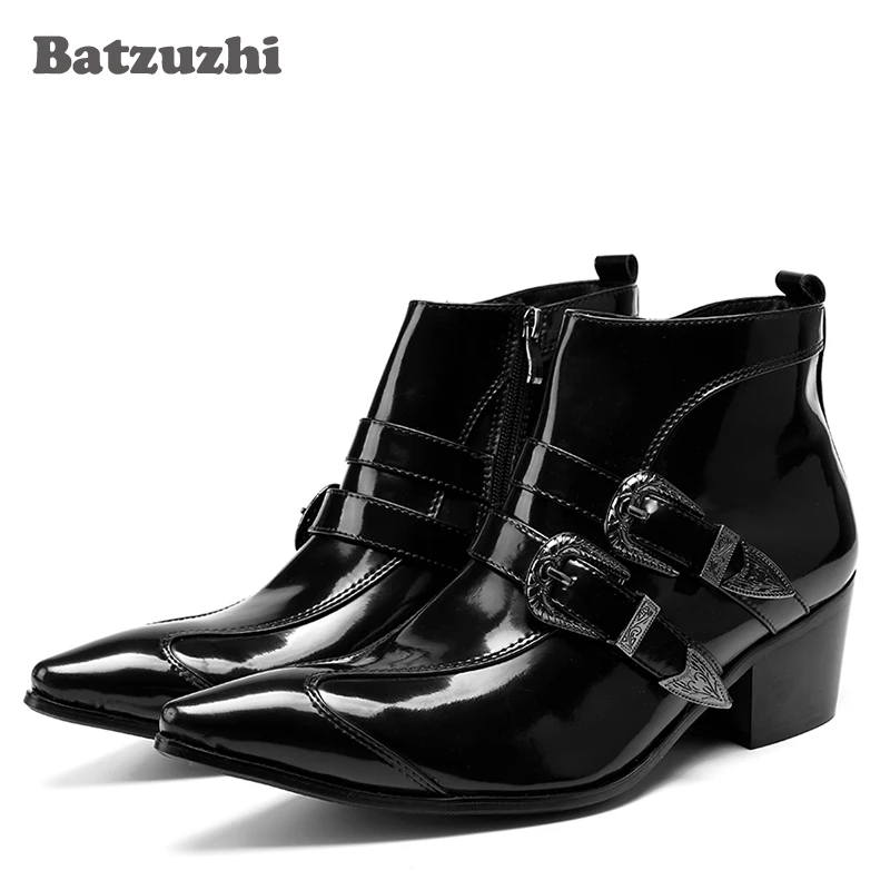 

Batzuzhi 6.5CM Heels Japanese Style Fashion Mens Ankle Boots Black Leather Motocycle Boots Men Winter-Autumn Short Boots Men