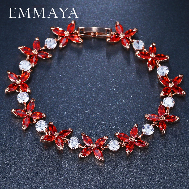 EMMAYA Silver Color Women Chain Link Bracelet Lucky Flower Wedding Jewelry Red CZ Stones Cheap Price