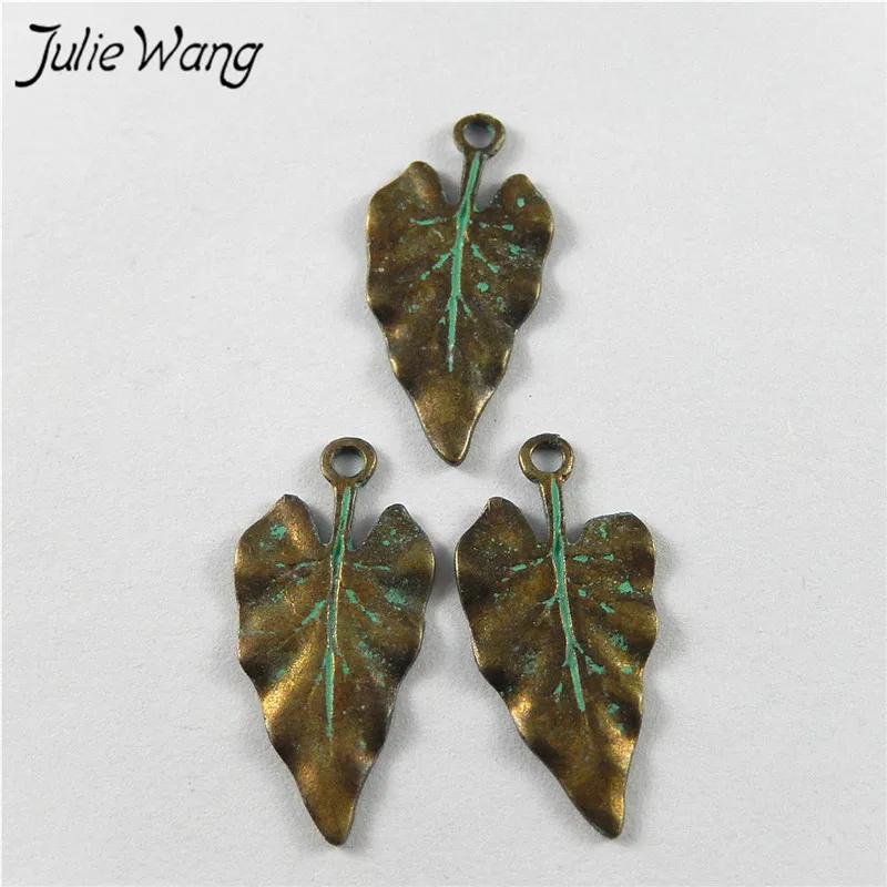 Julie Wang 20PCS Antique Bronze Charms Green Heart Shape Leaves Suspension Pendants Jewelry Making Earring Necklace Accessory