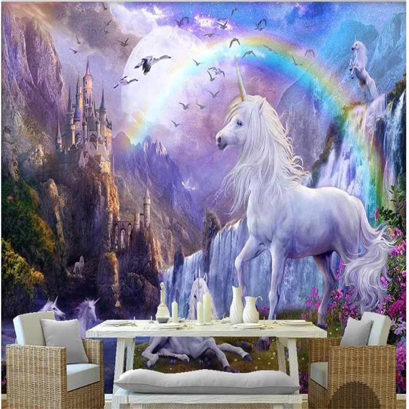 Custom wallpaper 3d rainbow unicorn castle wall paper photo decoration painting self-adhesive relief material 3d wallpaper mural