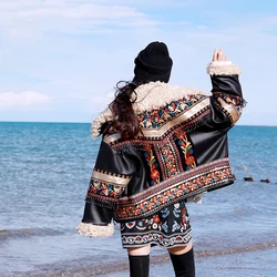 TIYIHAILEY Fashion PU Leather Beaded Embroidery Coat Women National Outerwear Long Sleeve Thick Winter High Quality Jackets