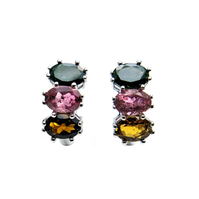 Bolaijewelry,natural multicolor tourmaline oval 5*7mm gemstone clasp earring 925 sterling silver fine jewelry women gift box