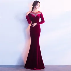 Dress Velvet   Vestido Longo  Hot Sale Full Mesh Party Autumn Long Sleeve Company Annual Meeting Host Fish Tail