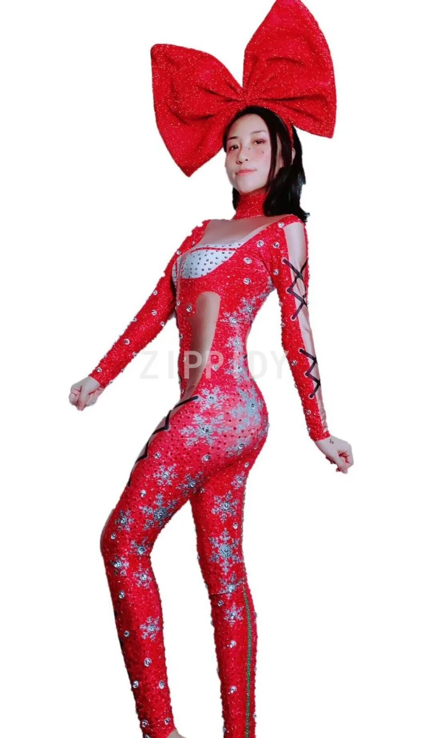 Birthday Party Outfit Nightclub Women Singer Dance Show Outfit Sparkly Red Silver Rhinestones Spandex Bandage Pattern Jumpsuit