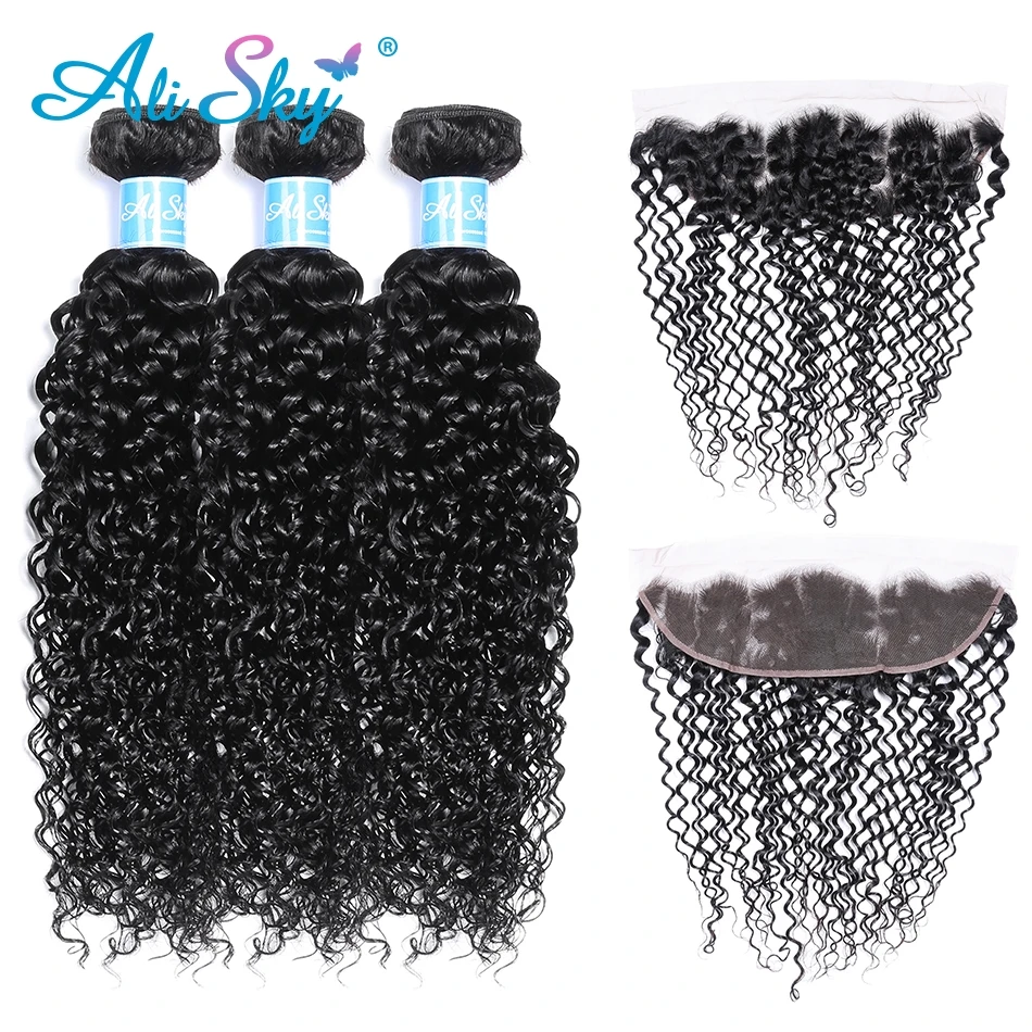 

Kinky Curly Bundles 3pcs With Frontal Pre Plucked 13X4 Peruvian Lace Frontal Closure with Bundles Curly Remy Hair Extensions Sky