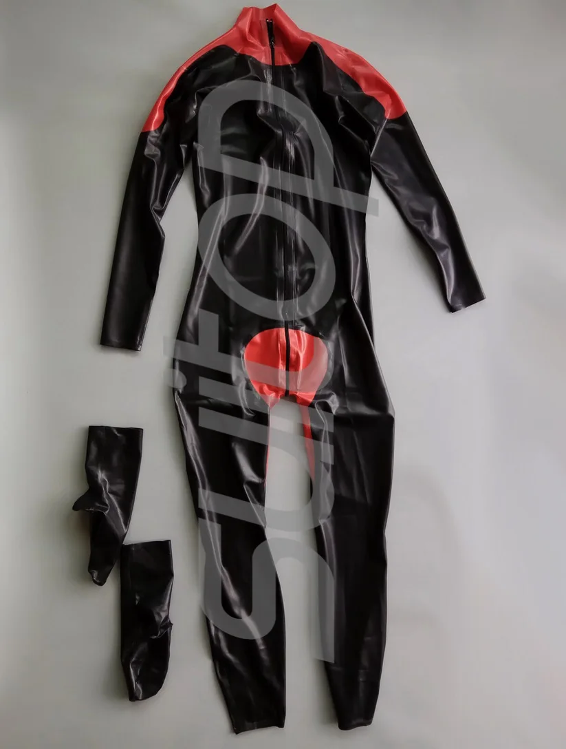 

New men's Latex catsuit with socks separat (front zip ) in main black and red trim