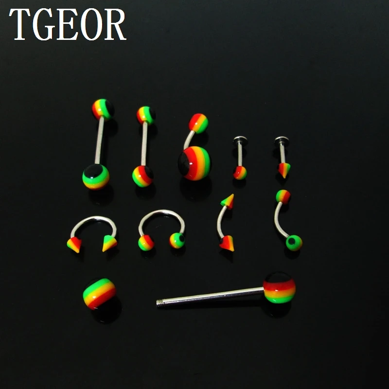 

wholesale rasta reggae body jewelry 180pcs mixed styles stainless steel shaft lip labret eyebrow tongue barbell free shipping