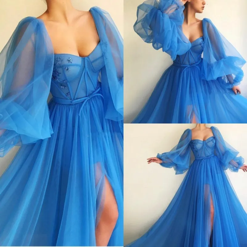 

Attractive Prom Dresses Illusion Long Sleeves Lace Appliques Side Split A Line Evening Gowns Sweep Train Guest Party Dress