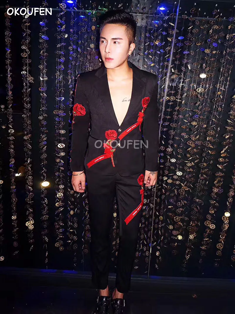 

Personality Cool Men Fashion Embroidery Rose Print Suits Costumes Flower print suits Nightclub male singer dj host Stage dress