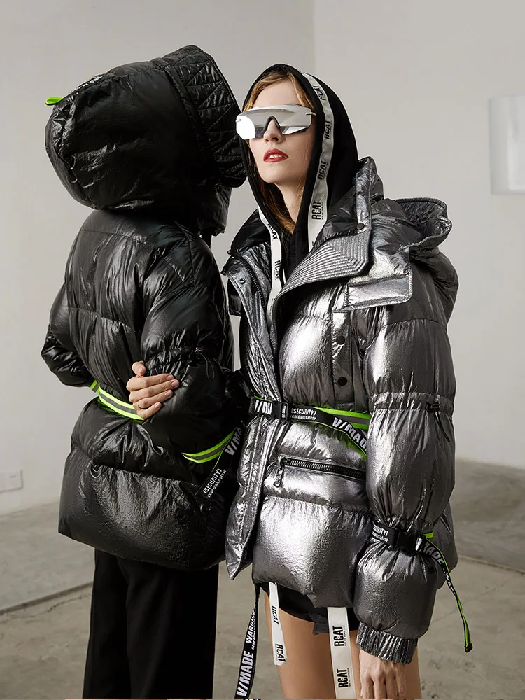 2024 Winter jacke Frauen Daunen jacken Frauen kurze weiße Ente Daunen Metallic Street Feel, übergroße Oberbekleidung Kapuze Parka Marke