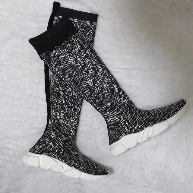 Spring and Autumn Handmade Rhinestone Stretch Socks Long Tube Boots Men Women Shoes Sneakers Large Size