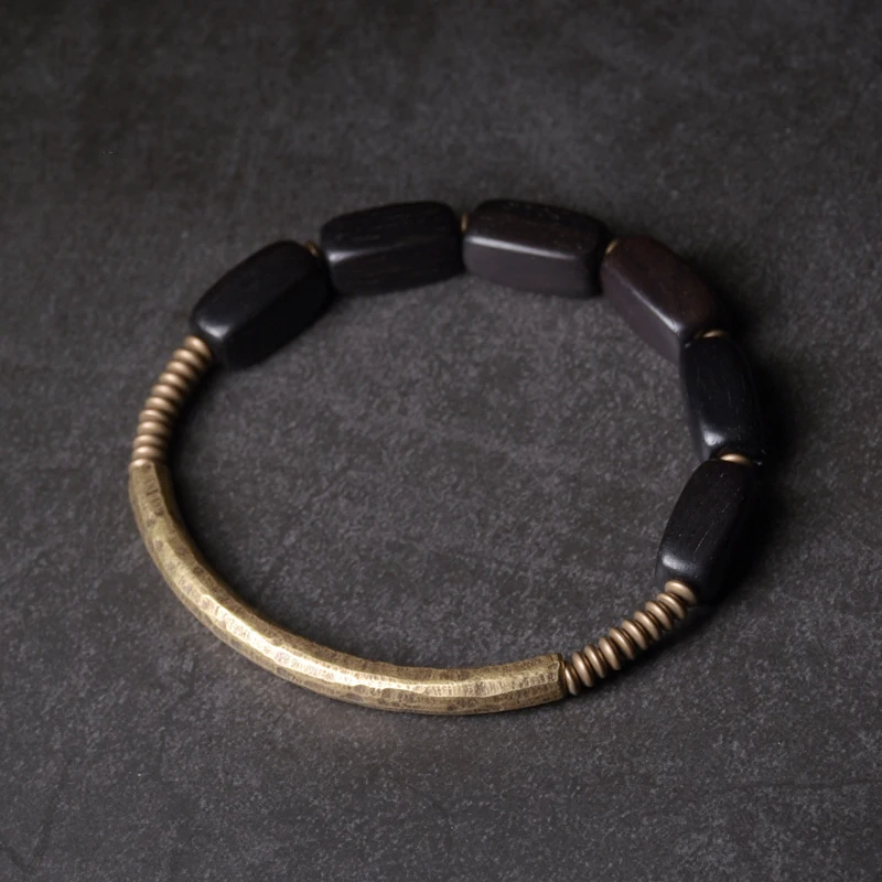 Hammered Brass Ebony Rosary Beads Bracelet Black Wood Spiritual  Male Female Wristbands For Men Women Metal Wrist Ornament