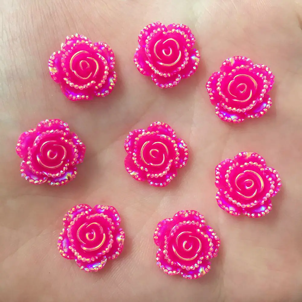 New 60Pcs 14mm AB Resin Rose Flatback Flower Stone Scrapbook Wedding Buttons DIY R22*3