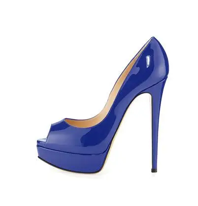 

Carpaton High Heel Shoes Woman Sexy Peep Toe Blue Patent Leather Platform Pumps 14CM Thin Heels Dress Shoes Black Nude