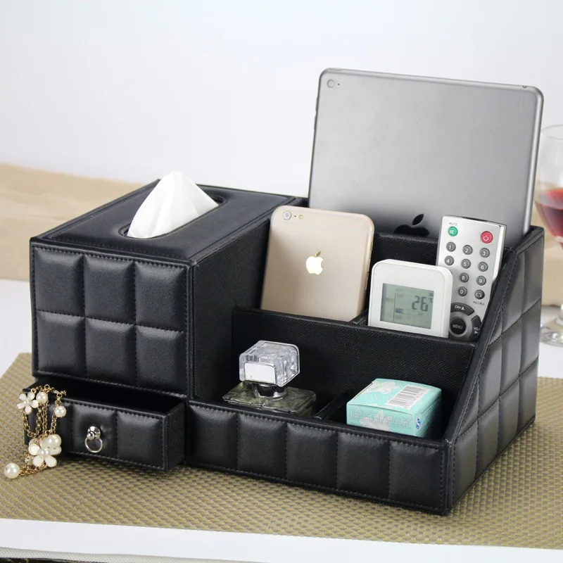 

European Multi-functional Napkin Holder, PU Leather, Remote Controller Storage Box, Desk Organizer
