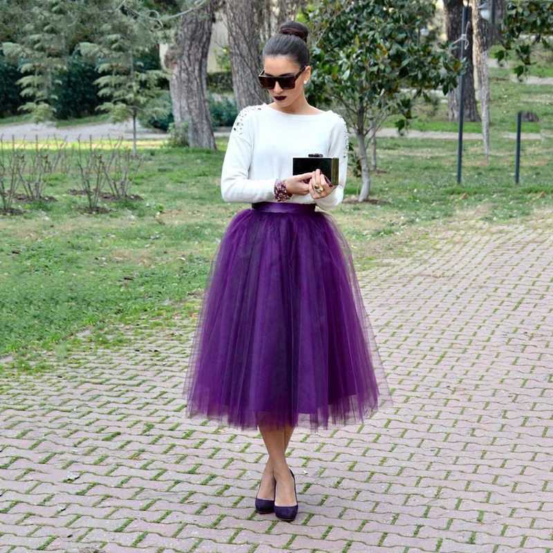 Modest Lady Tulle Skirt Ribbon Elastic Waist Custom Made Midi Length Purple Tulle Skirts Mid Calf Skirt For Lady Women clothing