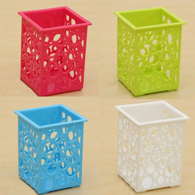 1Pcs Hollow Floral Pencil Holder /Desk Pen Containers Organizer Office Cosmetic Plastic Pen Pot Hot Flower Square