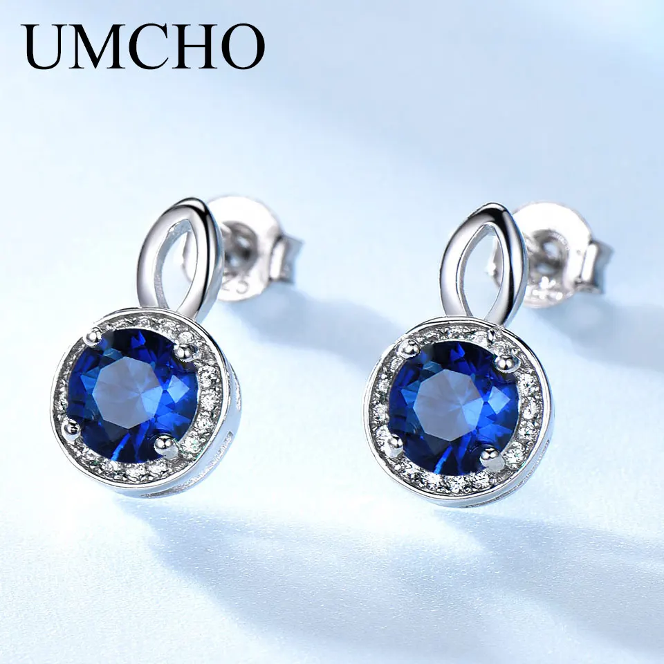 

UMCHO Real 925 Sterling Silver Earrings Gemstone Round Rich Color Nano Blue Sapphire Stud Earrings For Women Birthday Gifts