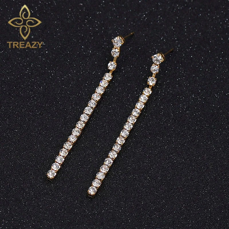 TREAZY Simple Style Crystal Bridal Long Strip Earrings Gold Color Rhinestone Dangle Earrings For Women Wedding Jewelry Gifts