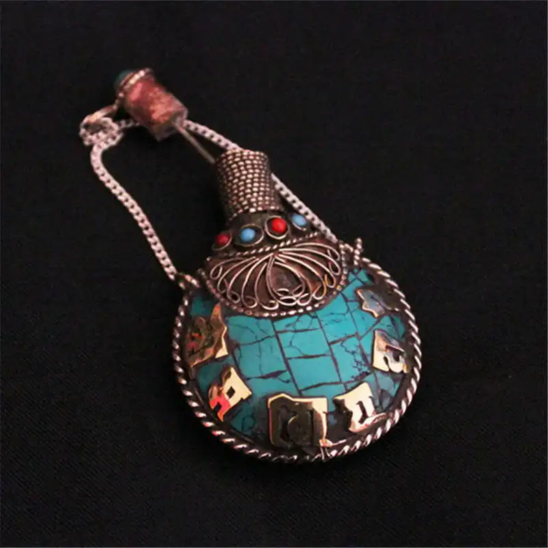 BYH008 Nepal hand brass Inlaid Stone Snuff bottle Tibetan six words mantras amulets Craft